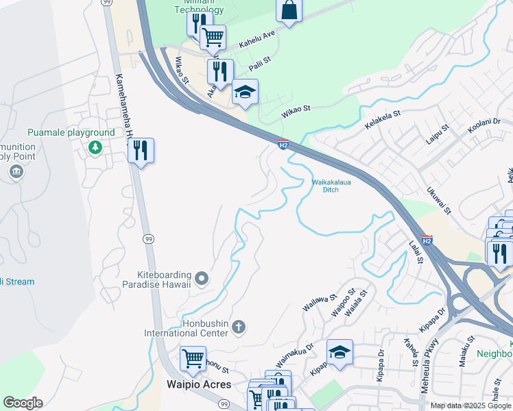 map of restaurants, bars, coffee shops, grocery stores, and more near 95249 Waikalani Drive in Mililani