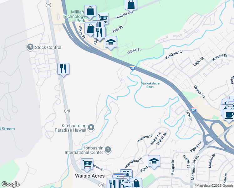 map of restaurants, bars, coffee shops, grocery stores, and more near 95249 Waikalani Drive in Mililani