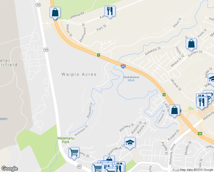 map of restaurants, bars, coffee shops, grocery stores, and more near 95-227 Waikalani Drive in Mililani