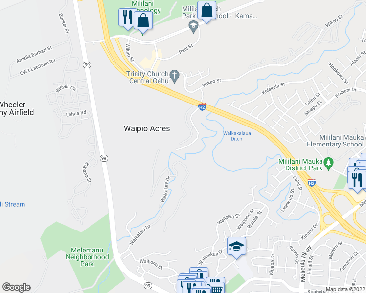 map of restaurants, bars, coffee shops, grocery stores, and more near 95249 Waikalani Drive in Mililani