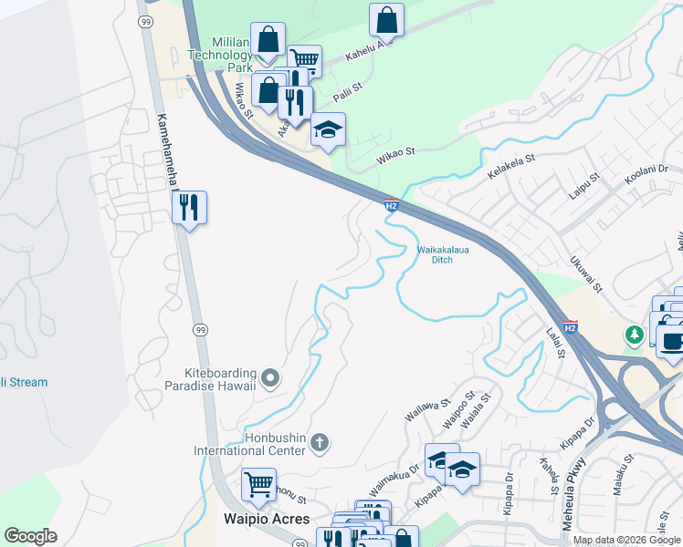 map of restaurants, bars, coffee shops, grocery stores, and more near 95-270 Waikalani Drive in Mililani