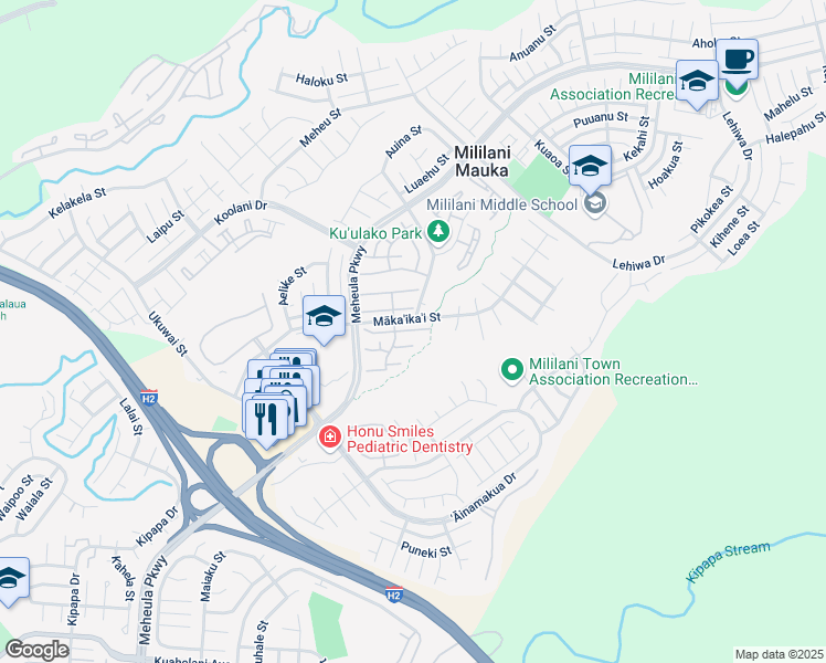 map of restaurants, bars, coffee shops, grocery stores, and more near 95-1195 Makaikai Street in Mililani