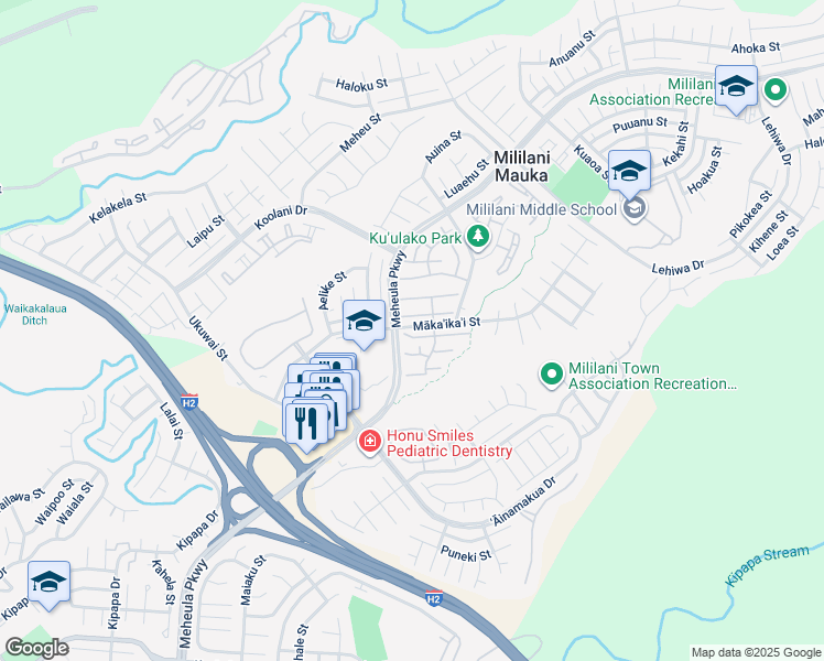 map of restaurants, bars, coffee shops, grocery stores, and more near 95-1147 Makaikai Street in Mililani