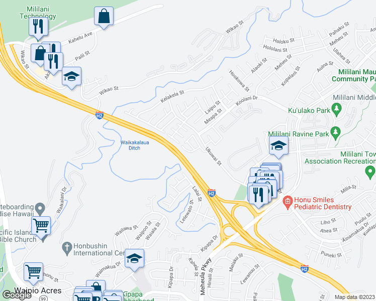 map of restaurants, bars, coffee shops, grocery stores, and more near 95-981 Ukuwai Street in Mililani