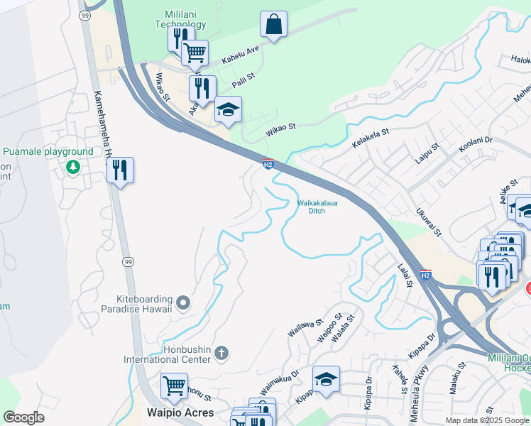 map of restaurants, bars, coffee shops, grocery stores, and more near 95-269 Waikalani Drive in Mililani