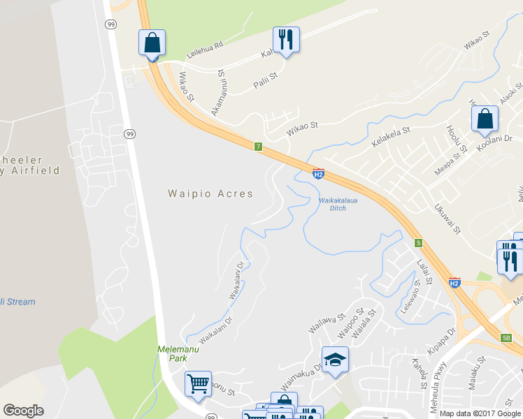 map of restaurants, bars, coffee shops, grocery stores, and more near 95-270 Waikalani Drive in Mililani