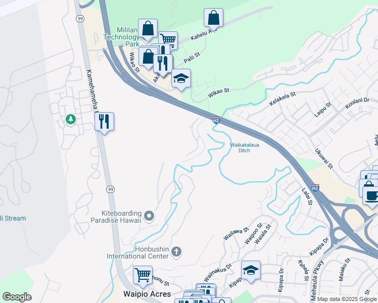 map of restaurants, bars, coffee shops, grocery stores, and more near 95-270 Waikalani Drive in Mililani