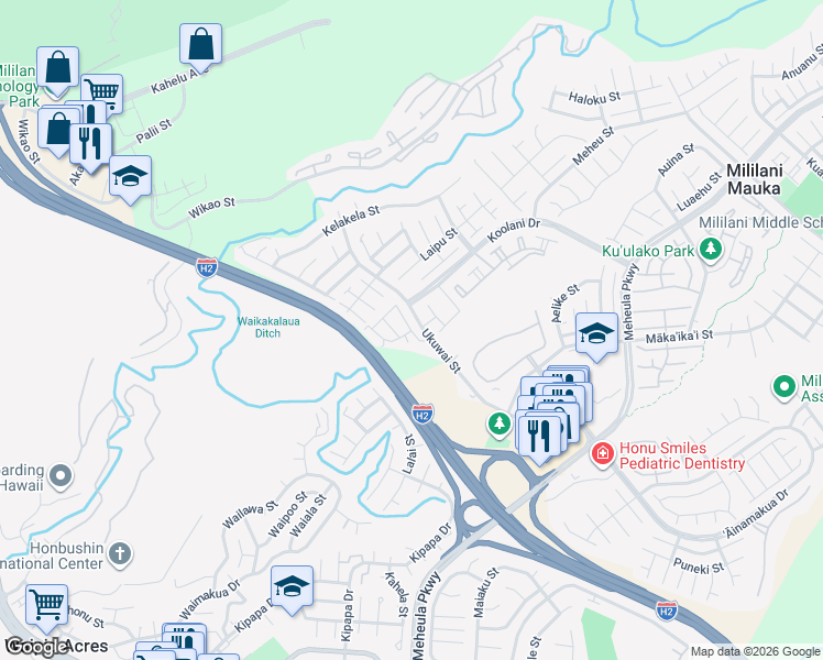 map of restaurants, bars, coffee shops, grocery stores, and more near 95-976 Ukuwai Street in Mililani