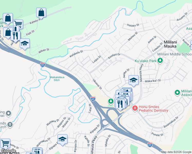 map of restaurants, bars, coffee shops, grocery stores, and more near 95-976 Ukuwai Street in Mililani