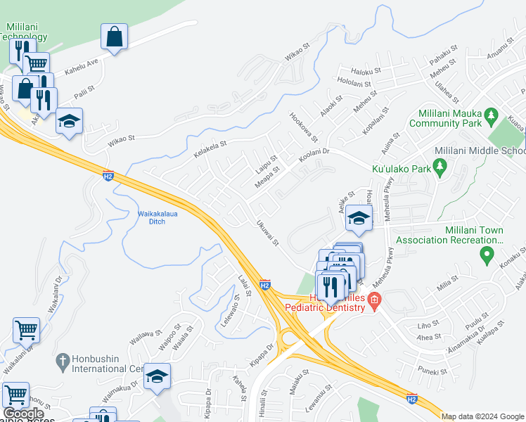 map of restaurants, bars, coffee shops, grocery stores, and more near 95-976 Ukuwai Street in Mililani