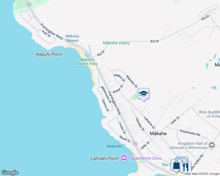 map of restaurants, bars, coffee shops, grocery stores, and more near 84-110 Kapakai Place in Waianae