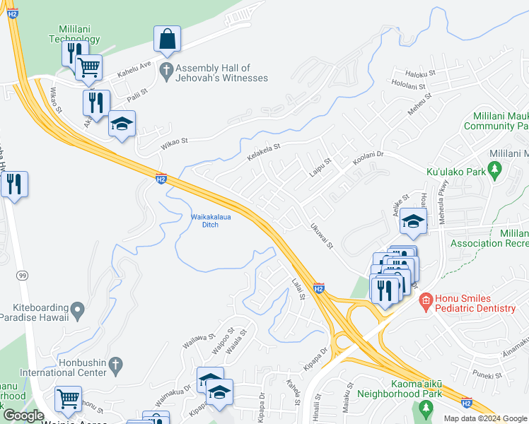map of restaurants, bars, coffee shops, grocery stores, and more near 95-953 Ukuwai Street in Mililani