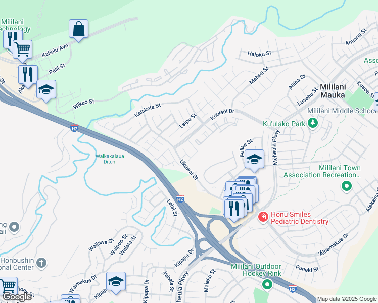 map of restaurants, bars, coffee shops, grocery stores, and more near 95-976 Ukuwai Street in Mililani