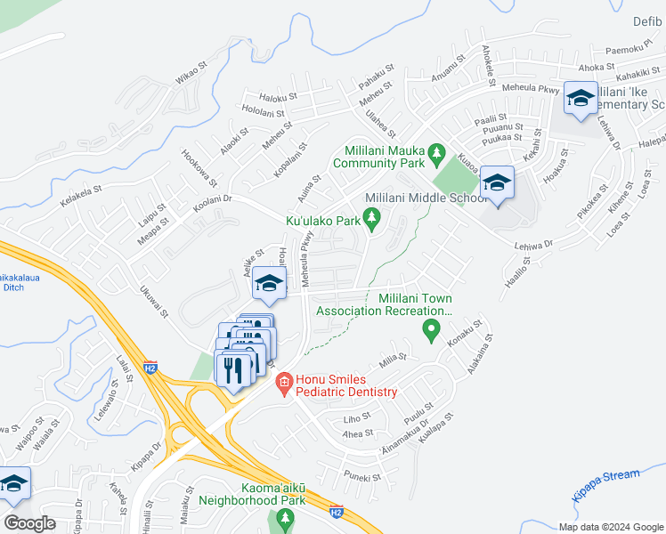map of restaurants, bars, coffee shops, grocery stores, and more near 95-1142 Makaikai Street in Mililani