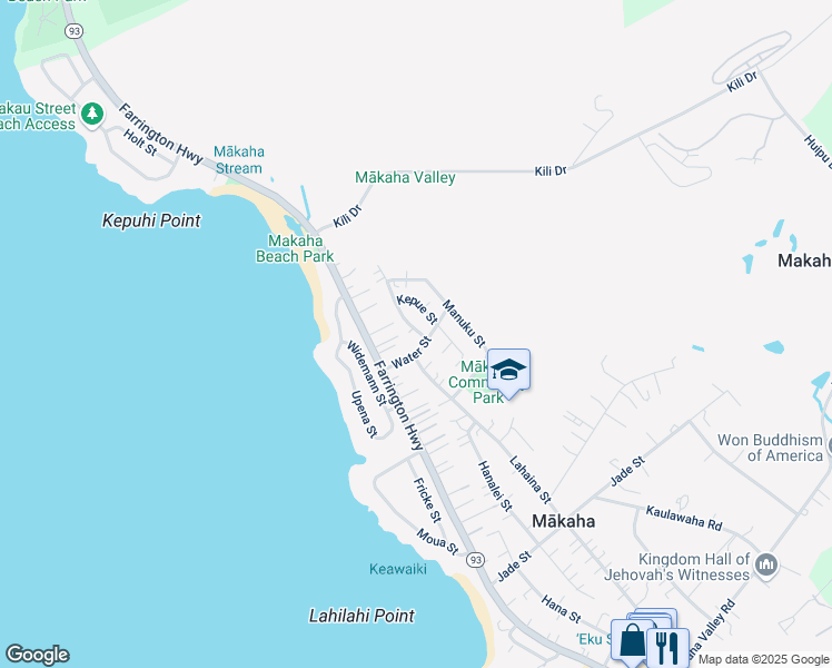 map of restaurants, bars, coffee shops, grocery stores, and more near 84-150 Water Street in Waianae