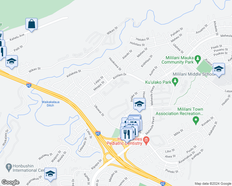 map of restaurants, bars, coffee shops, grocery stores, and more near 95-1083 Koolani Drive in Mililani