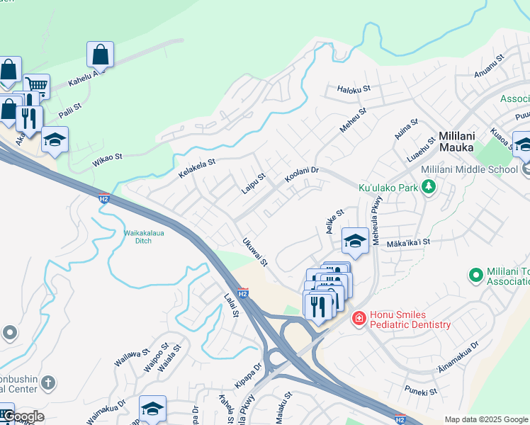 map of restaurants, bars, coffee shops, grocery stores, and more near 95-1053 Koolani Drive in Mililani