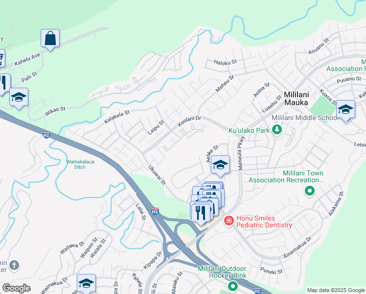 map of restaurants, bars, coffee shops, grocery stores, and more near 95-1085 Koolani Drive in Mililani