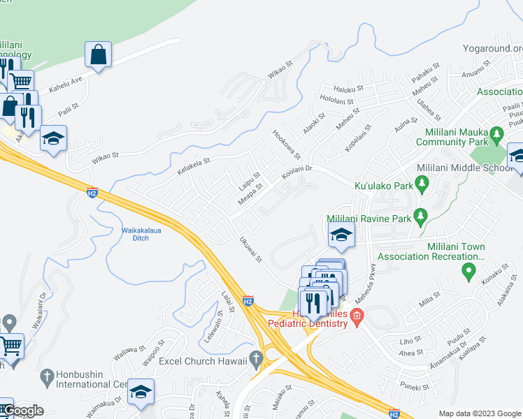 map of restaurants, bars, coffee shops, grocery stores, and more near 95-1057 Koolani Drive in Mililani