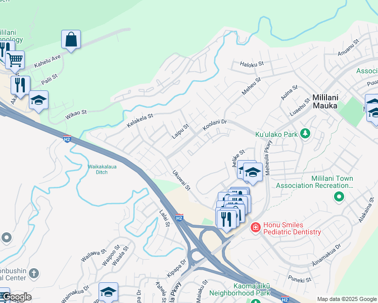 map of restaurants, bars, coffee shops, grocery stores, and more near 95-1053 Koolani Drive in Mililani