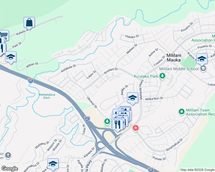 map of restaurants, bars, coffee shops, grocery stores, and more near 95-1083 Koolani Drive in Mililani