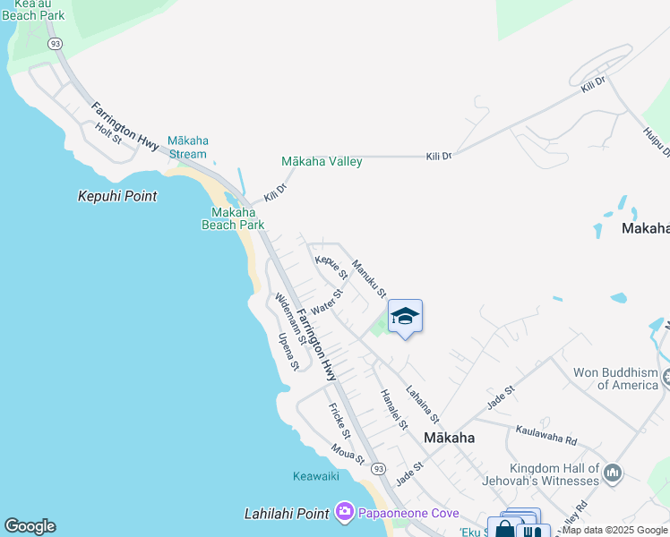 map of restaurants, bars, coffee shops, grocery stores, and more near 84-577 Kepue Street in Waianae