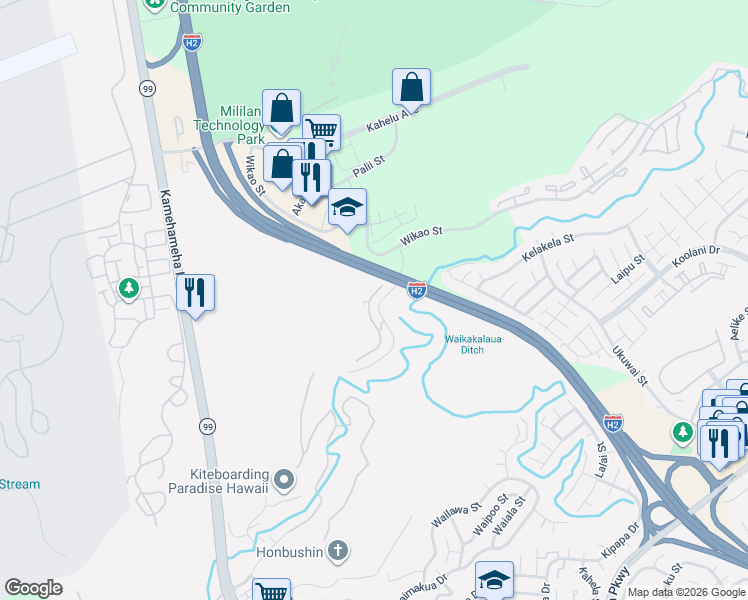 map of restaurants, bars, coffee shops, grocery stores, and more near 95-270 Waikalani Drive in Mililani