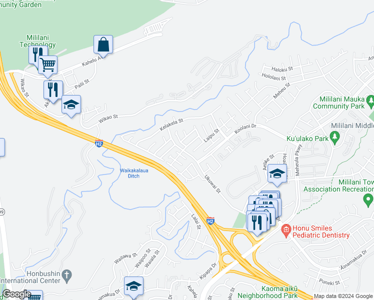 map of restaurants, bars, coffee shops, grocery stores, and more near 95-1003 Ohiaha Street in Mililani