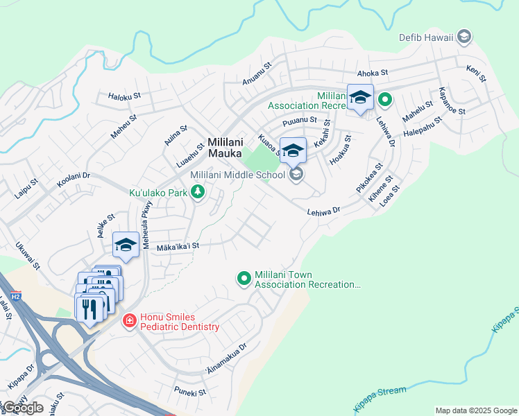 map of restaurants, bars, coffee shops, grocery stores, and more near 95-1025 Koliliko Street in Mililani