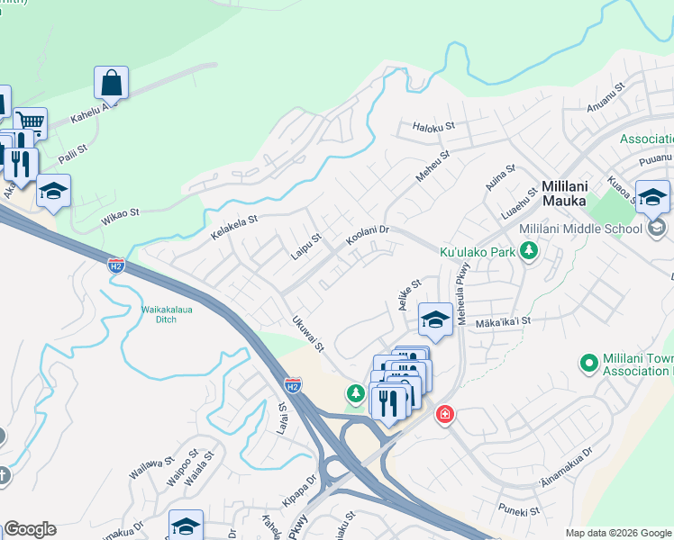 map of restaurants, bars, coffee shops, grocery stores, and more near 95-1041 Koolani Drive in Mililani