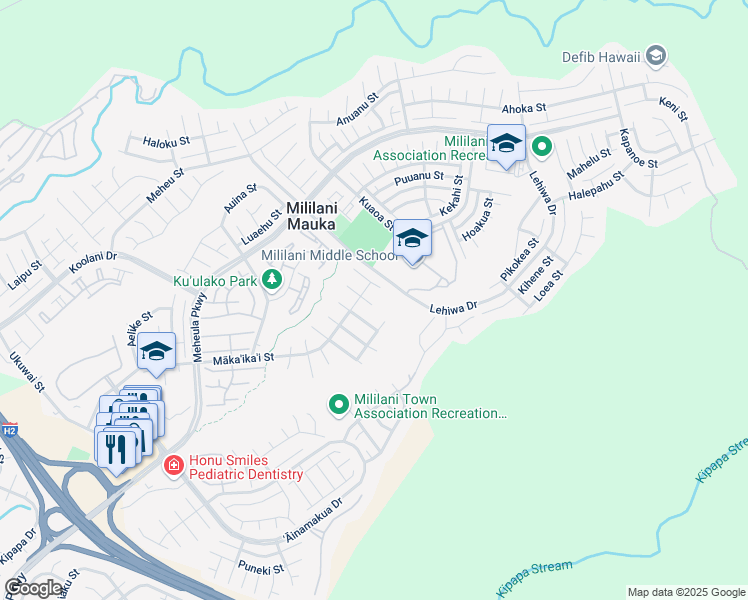 map of restaurants, bars, coffee shops, grocery stores, and more near 95-1025 Koliliko Street in Mililani