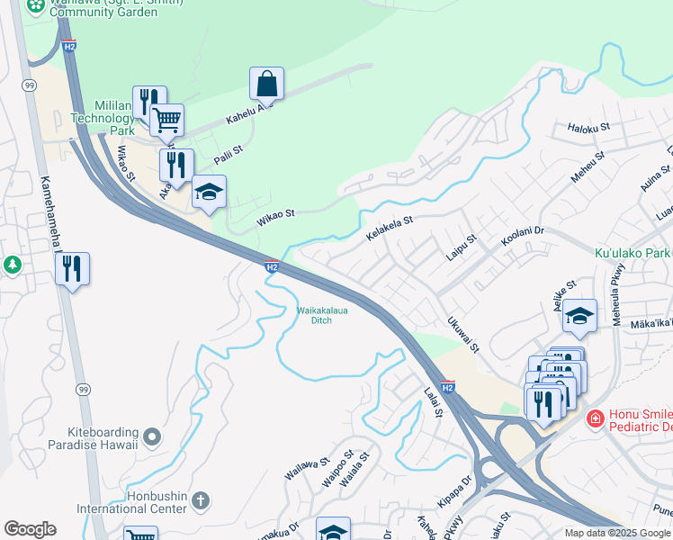 map of restaurants, bars, coffee shops, grocery stores, and more near 95 Melekomo Street in Mililani