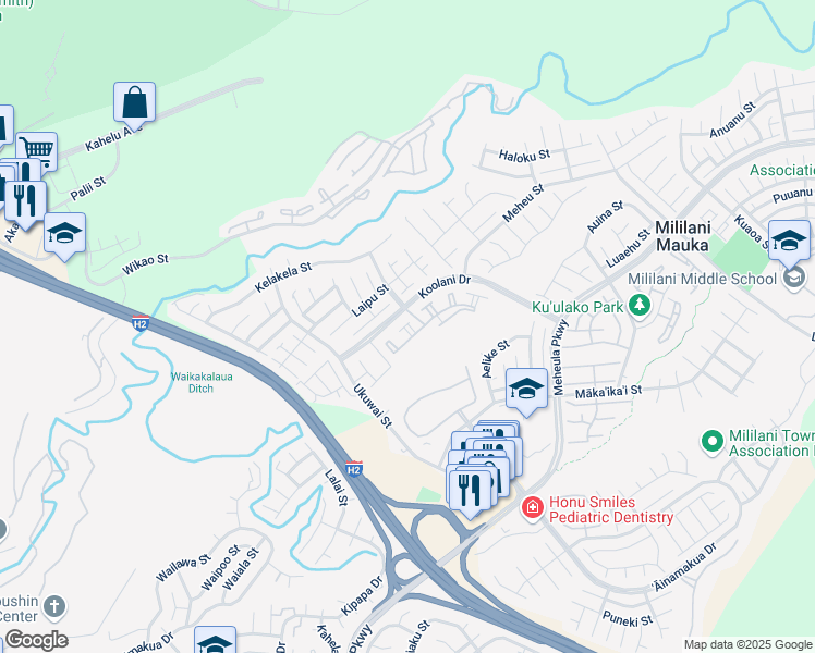 map of restaurants, bars, coffee shops, grocery stores, and more near 95-1053 Koolani Drive in Mililani