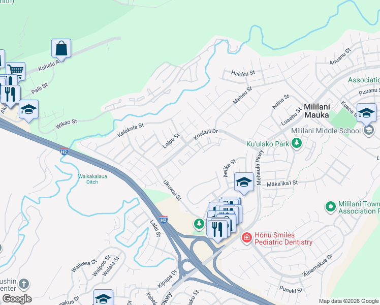 map of restaurants, bars, coffee shops, grocery stores, and more near 95-1053 Koolani Drive in Mililani