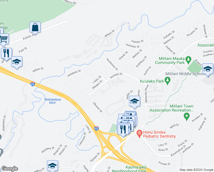 map of restaurants, bars, coffee shops, grocery stores, and more near 95-1053 Koolani Drive in Mililani