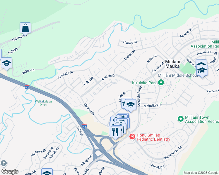 map of restaurants, bars, coffee shops, grocery stores, and more near 95-1091 Koolani Drive in Mililani