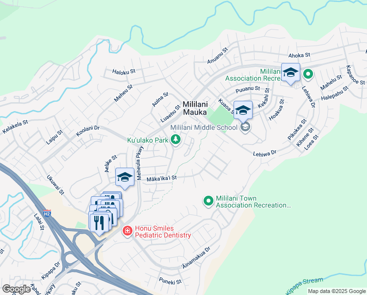 map of restaurants, bars, coffee shops, grocery stores, and more near 95-1023 Kuauli Street in Mililani