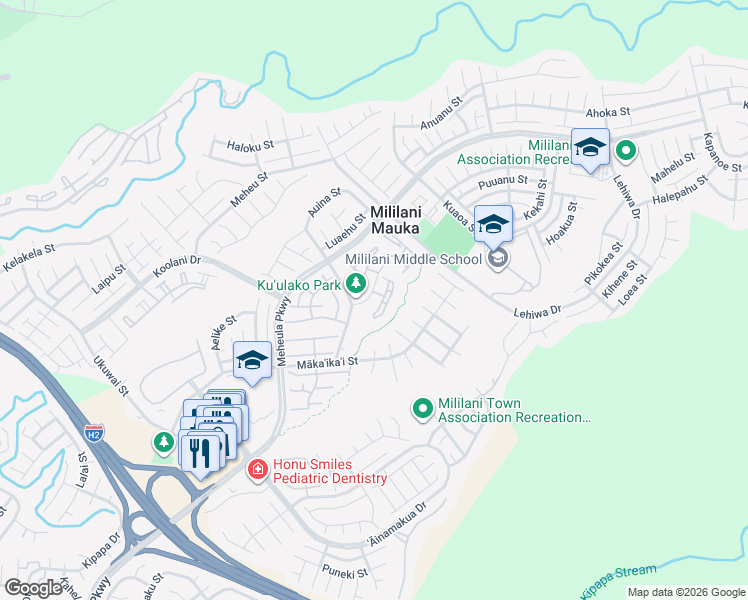 map of restaurants, bars, coffee shops, grocery stores, and more near 95-1027 Kuauli Street in Mililani