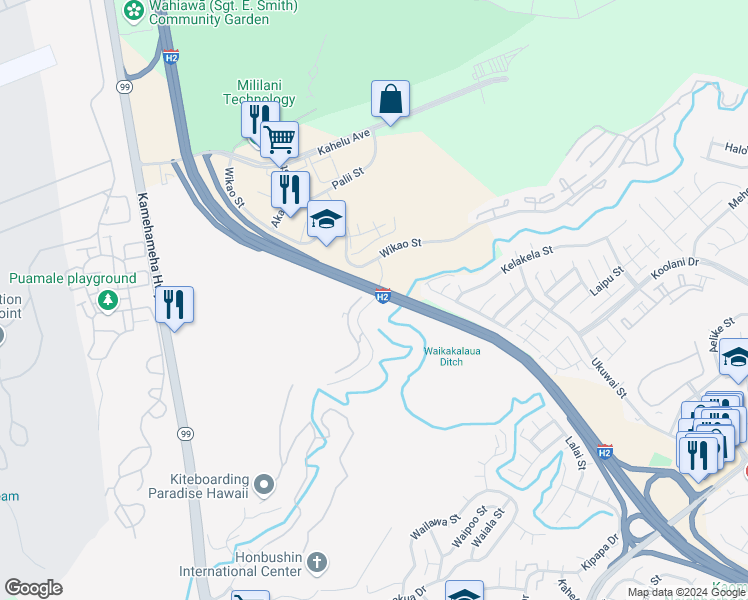map of restaurants, bars, coffee shops, grocery stores, and more near 95-273 Waikalani Drive in Mililani