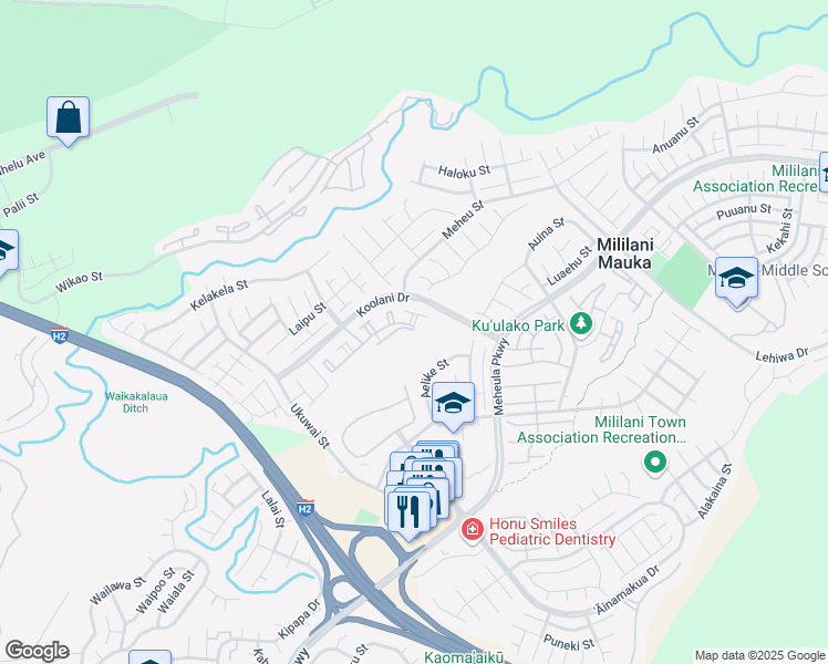 map of restaurants, bars, coffee shops, grocery stores, and more near 95-1105 Koolani Drive in Mililani