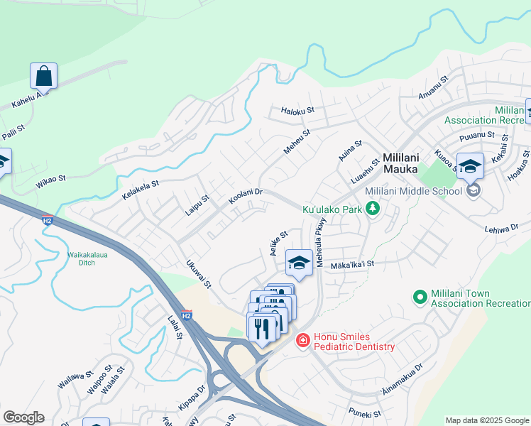 map of restaurants, bars, coffee shops, grocery stores, and more near 95-1121 Koolani Drive in Mililani