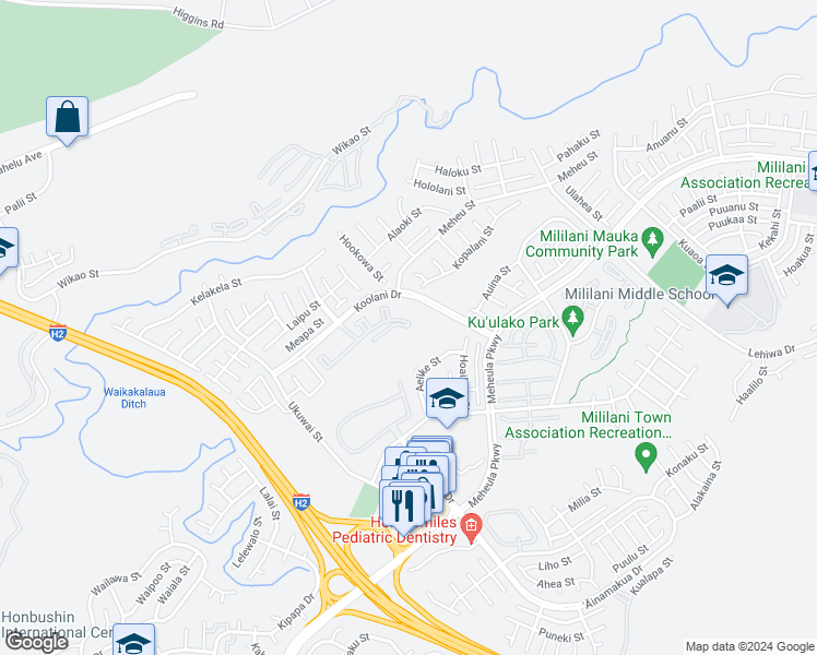 map of restaurants, bars, coffee shops, grocery stores, and more near 95-1111 Koolani Drive in Mililani