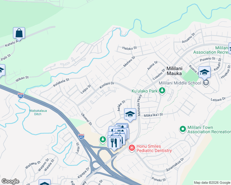 map of restaurants, bars, coffee shops, grocery stores, and more near 95-1121 Koolani Drive in Mililani