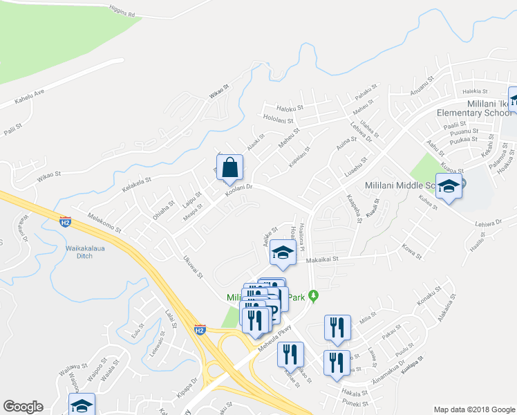 map of restaurants, bars, coffee shops, grocery stores, and more near 95-1121 Koolani Drive in Mililani