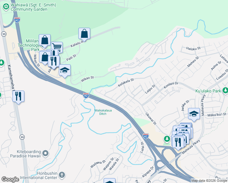 map of restaurants, bars, coffee shops, grocery stores, and more near 95-968 Kelakela Street in Mililani