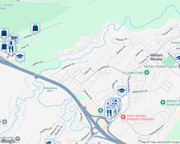 map of restaurants, bars, coffee shops, grocery stores, and more near 95-1002 Molakea Street in Mililani