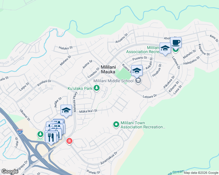 map of restaurants, bars, coffee shops, grocery stores, and more near 95-1002 Koliliko Street in Mililani
