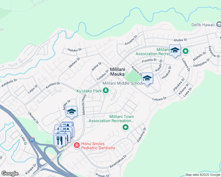 map of restaurants, bars, coffee shops, grocery stores, and more near 9535 Kuauli Street in Mililani