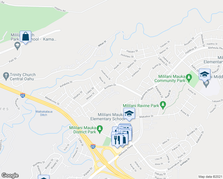 map of restaurants, bars, coffee shops, grocery stores, and more near 95-1143 Koolani Drive in Mililani