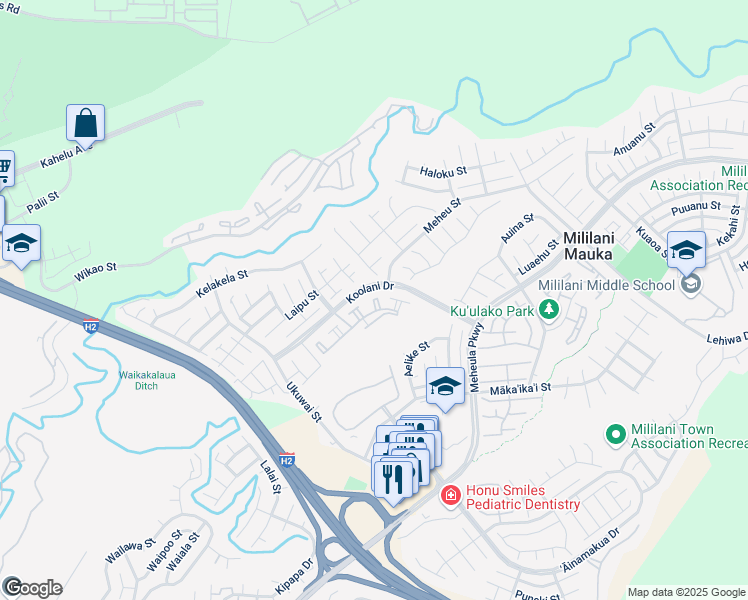 map of restaurants, bars, coffee shops, grocery stores, and more near 95-1143 Koolani Drive in Mililani
